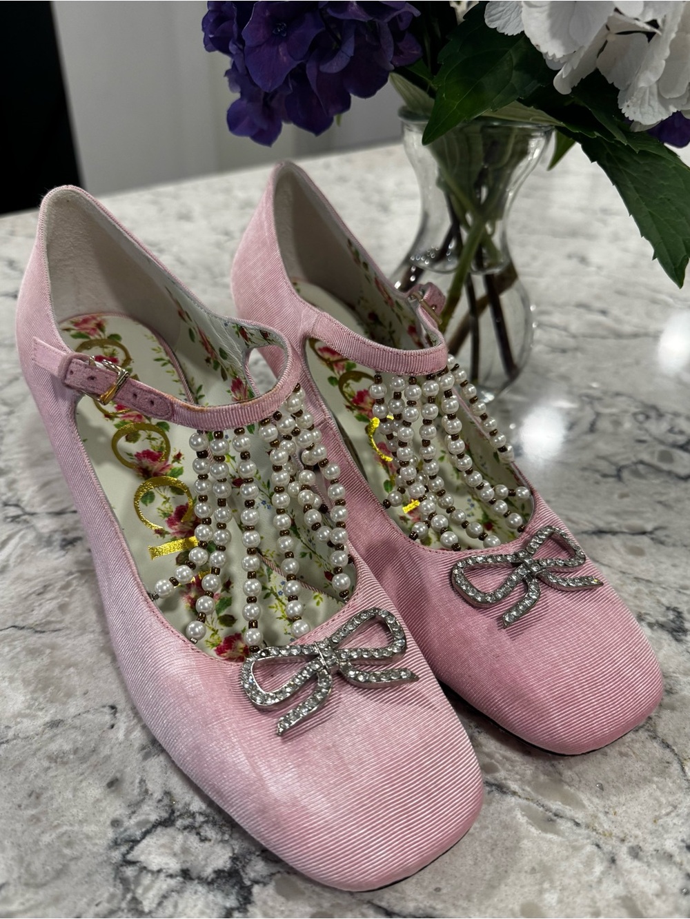Gucci Moire T-Strap Pumps With Pearl Chains and Crystal Embellishments Size 38